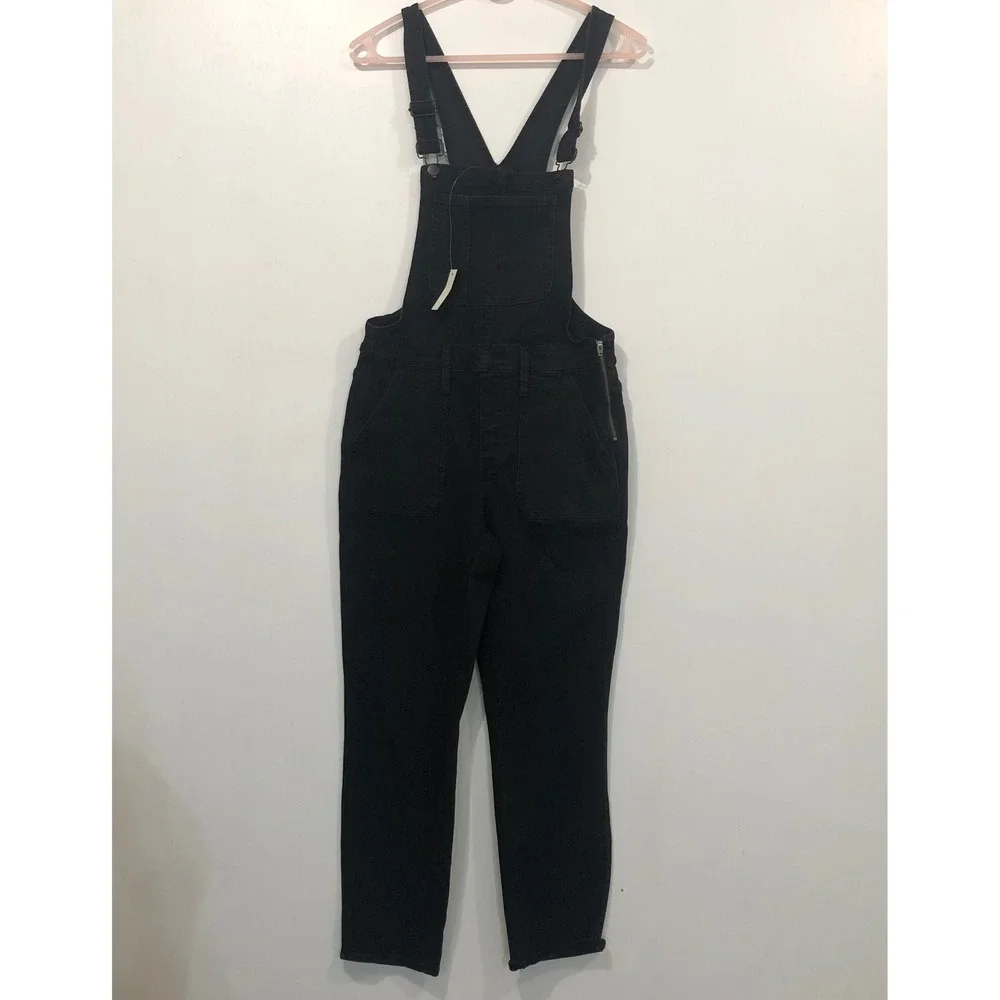 Madewell Denim Skinny Overalls Lunar Wash Black M‎ Adj Strap Pockets Zip Utility